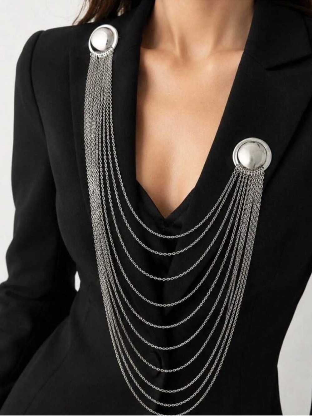 Silver Multi-Chain Draped Brooch Set
